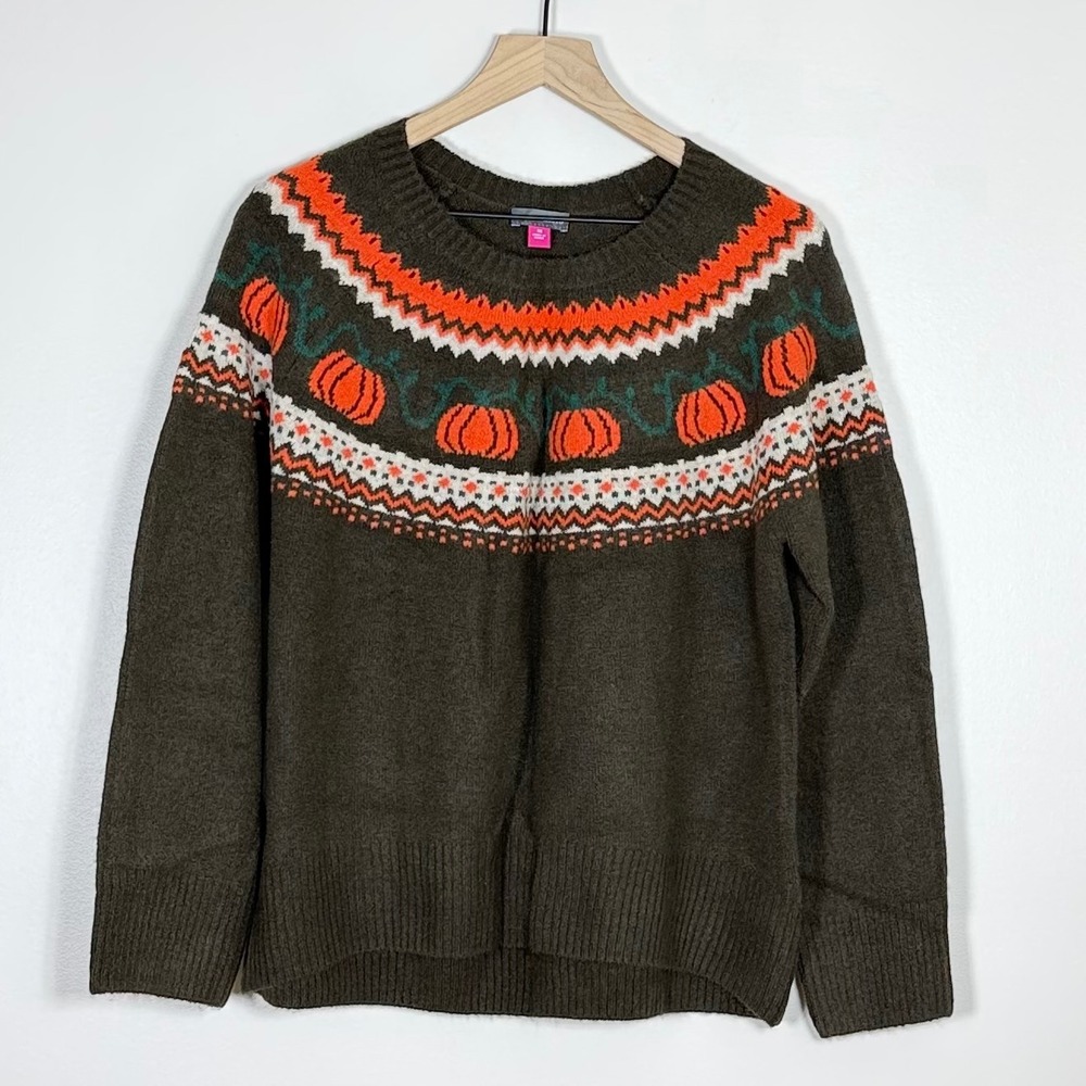 Vince Camuto Womens Fair Isle Pumpkin Sweater M Brown Orange Fall Autumn Festive